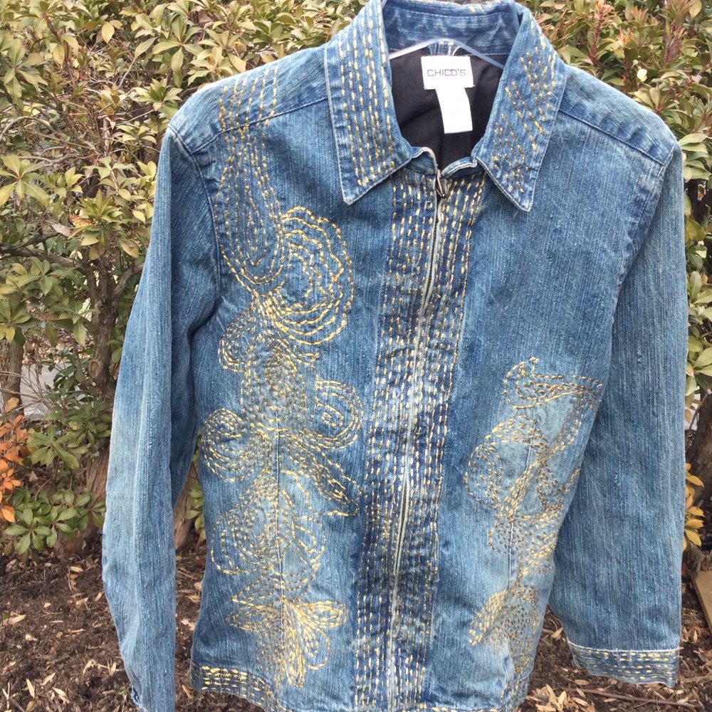 Chico's Gold Metallic Embroidered Jean Jacket